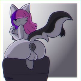 anthro anus ass big_ass big_breasts big_butt breasts felid feline female futanari genitals grey_body hair hair_over_eyes huge_ass huge_butt intersex intersex/female intersex/intersex looking_at_viewer mammal mephitid penis pink_hair puffy_anus purple_hair sitting skunk skunk_tail smile solo squishy_(squishyskunk) squishyskunk