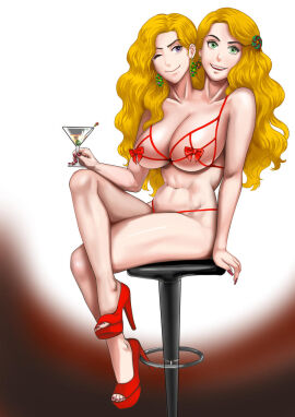 2_heads alcohol arasfwitch big_breasts blonde_female blonde_hair breasts cocktail cocktail_glass conjoined conjoined_twins emily_and_lyanna_(emly) female green_eyes high_heels human humanoid long_nails micro_bikini multi_head platform_heels purple_eyes red_bikini red_high_heels siamese siamese_twins sitting thighs twins