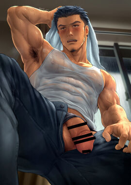 1boy abs arm_hair armpit_hair armpits arms_up balls bara beard_stubble beefy biceps big_breasts big_penis black_hair black_underwear blush breasts censor_bar censored censored_penis chest_hair daddy dilf earrings erect_nipples flaccid hands_behind_head hi_res indoors jeans looking_at_viewer looking_down male male_only mature_male middle_aged mondi_xxx muscles muscular muscular_arms muscular_male nipples open_mouth original original_character pecs penis penis_out raining range_(mondi_xxx) short_hair sideburns six_pack solo spread_legs steam steaming_body tank_top thick_arms thick_eyebrows thick_neck thick_penis towel towel_on_head transparent_clothing underwear_aside unzipped unzipped_pants veiny_arms veiny_muscles veiny_penis very_high_resolution wet wet_body wet_clothes window wiping yaoi