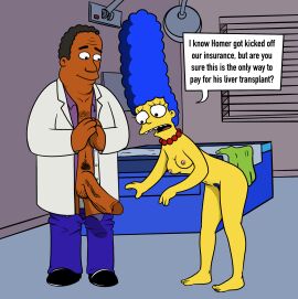 1boy 1girls 20th_century_studios 4_fingers accurate_art_style balls bending_over black_hair blue_hair blue_pubic_hair breasts chest_hair clothing coat dark-skinned_male dark_penis dark_skin doctor doctors_office duo english_text erection female heans human indoors julius_hibbert lockandlewd looking_at_penis looking_down male marge_simpson massive_penis milf naked nipples nude nude_female open_mouth pants_down penis pubic_hair shoes small_breasts straight text text_bubble the_simpsons yellow_body yellow_skin