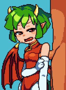 1boy 1girls 2d_animation animated arm_gloves armpit_fetish armpit_sex armpits blue_background chinese_clothes draco_centauros dragon_girl dragon_wings female fully_clothed gif green_hair heavy_breathing horns inside_clothing looking_view madou_monogatari male osimder penis penis_under_clothes pixel_animation pointy_ears puyo_puyo puyo_puyo_fever sega short_hair sweatdrop wings