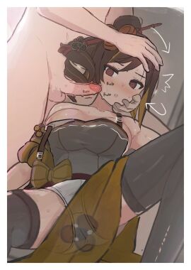 1boy @_@ aether_(genshin_impact) black_thighhighs blush border breasts brown_hair chiori_(genshin_impact) clothed_female_nude_male commentary erection female genshin_impact hand_on_another's_head large_breasts nude open_mouth penis penis_on_cheek red_eyes solo_focus straight testicles thighhighs uncensored valenthania white_border