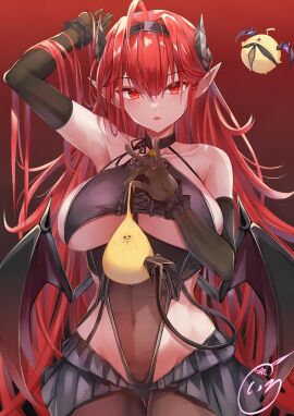 ahoge arm_up azur_lane bare_shoulders black_gloves black_hairband black_headband black_horns breasts center_frills cg clothing_cutout covered_navel curled_horns demon_girl demon_horns demon_tail demon_wings elbow_gloves female frilled_gloves frills gloves hairband headband hindenburg_(azur_lane) horns large_breasts long_hair looking_at_viewer manjuu_(azur_lane) pantyhose pointy_ears red_eyes red_hair solo tail underboob underboob_cutout very_long_hair wings