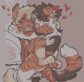 2024 ambiguous_gender anthro anthro_on_anthro back_tuft backsack balls ballsack blonde_hair blush brown_hair chest_tuft digital_drawing_(artwork) digital_media_(artwork) domestic_cat duo eyewear felid feline felis fur gaypassionfruit genitals glasses hair heart_symbol inner_ear_fluff leg_wrap looking_pleasured male male/ambiguous mammal markings open_mouth orange_body orange_fur pawpads round_glasses sex striped_markings stripes tail thick_thighs tuft