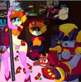 brawl_stars drunk erection gay larry_(brawl_stars) lawrie_(brawl_stars) male pink_stockings robot striptease surge_(brawl_stars) twincest