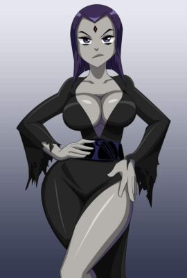 1girls alternate_breast_size artist_request belt breasts cleavage cosplay crossover dc dc_comics elvira:_mistress_of_the_dark elvira_(cosplay) female female_only grey_body grey_skin purple_eyes purple_hair rachel_roth raven_(dc) raven_(teen_titans) skintight_clothing solo solo_female source_request teen_titans thick_thighs tight_clothing
