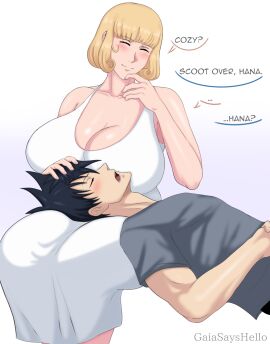 1boy 1girls aged_up artist_name artist_signature big_breasts black_hair blonde_hair blush breast_press breasts breasts_bigger_than_head breasts_on_head cleavage closed_eyes clothed clothing curly_hair dialogue dress female fushiguro_megumi gaiasayshello hana_kurusu hand_on_head jujutsu_kaisen lap_pillow large_breasts legs legs_together light-skinned_female light-skinned_male light_skin looking_at_another lying male muscular muscular_male pale-skinned_female pale_skin self_upload sitting straight tagme thick_thighs wholesome