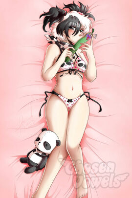 bikini black_and_white_hair black_eyes chosenvowels clothed_female cucumber die_meeries female lying_on_back panda panda_(die_meeries) plushie