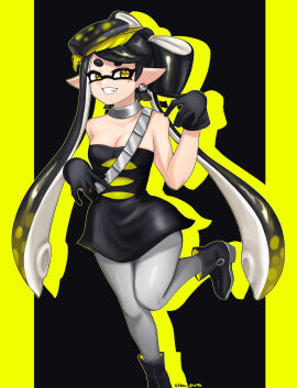 1girls artist_name black_gloves breasts callie_(alterna) callie_(splatoon) choker cleavage earrings female gloves inkling inkling_girl long_hair looking_at_viewer mole mole_under_eye nintendo norishiitsu one_leg_up pantyhose pointy_ears solo splatoon splatoon_(series) splatoon_3 splatoon_3:_return_of_the_mammalians tentacle_hair two-tone_hair white_pantyhose yellow_eyes