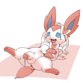 2019 4_fingers 4_toes anus balls blue_eyes bodily_fluids cum cum_in_mouth cum_inside eeveelution erection fangs feet feral feral_only fingers foreskin fur generation_6_pokemon genital_fluids genitals half-closed_eyes happy hi_res japanese_description looking_at_viewer lying male narrowed_eyes nintendo on_back open_mouth penis pink_body pink_fur pokemon pokemon_(species) pu_sukebe simple_background solo sylveon tail teeth toes tongue tongue_out uncircumcised white_background white_body white_fur