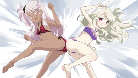 2girls ass ass-to-ass barefoot bikini blonde_hair breasts butt_bump catfight chloe_von_einzbern dark-skinned_female dark_skin emphasis_lines fate/kaleid_liner_prisma_illya fate_(series) feet feet_out_of_frame female female_only halterneck highres hip_attack illyasviel_von_einzbern keijo!!!!!!!! long_hair multiple_females multiple_girls one_side_up parody pink_hair purple_bikini red_bikini red_eyes showers-u side-tie_bikini_bottom small_breasts soles swimsuit toes yellow_eyes