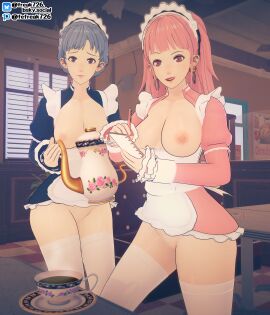 2girls 3d bangs black_eyes blue_hair braid breasts breasts_out cafe earrings fefreak726 female female_only fire_emblem fire_emblem:_three_houses hilda_valentine_goneril holding holding_pen indoors light_blue_hair long_hair long_sleeves looking_at_viewer maid maid_headdress marianne_von_edmund medium_breasts multiple_females multiple_girls nintendo nipples no_panties notebook nude nude_female open_mouth pen pink_eyes pink_hair ponytail pussy raised_eyebrow revealing_clothes smile steam table tea teacup teapot thighhighs upskirt waitress window