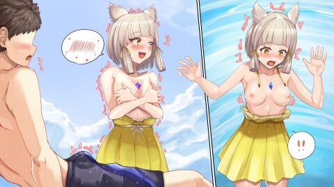 1boy 1girls 2d 2d_artwork accidental_exposure awkward awkward_smile blunt_bangs blush braless breast_conscious breasts breasts_out breasts_out_of_clothes brown_hair canon_couple cat_ears cat_girl catgirl color colored comic core_crystal covering_breasts dress dress_down embarrassed embarrassed_nude_female erection erection_under_clothes exposed_breasts female gold_eyes hands_on_breasts hands_on_own_chest humiliated male male/female mononoke_(pixiv53597254) nia nia_(xenoblade) nintendo nipple_slip nipples no_bra no_sex no_shirt nude nude_female pixiv public public_topless rex_(xenoblade) right_to_left shirtless shock shocked shocked_expression short_hair skirt_only small_breasts spiky_hair spoken_exclamation_mark sundress swim_trunks swimwear tag_panic topless topless_female topless_male uncensored uncensored_breasts wardrobe_malfunction white_hair xenoblade_(series) xenoblade_chronicles_2 yellow_skirt