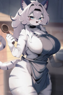 apron apron_only ass big_ass big_breasts breasts cute female furry nua_(omeki) omeki smile smiling_at_viewer striped_body white_fur wholesome