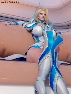 3d alexfrazer blonde_female blonde_hair blue_lipstick bob_cut crossed_legs emma_frost emma_frost_(marvel_rivals) female light-skinned_female light_skin lipstick marvel marvel_comics marvel_rivals sfw sitting solo_female thick_thighs