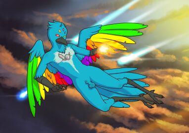 2025 5_eyes absurd_res animal_genitalia anthro avian_feet back_wings balls beak biped black_beak blue_body chaos_daemon daemon_of_tzeentch feathered_wings feathers feet flying gay gay_male genitals head_tuft hi_res homosexual homosexual_male lord_of_change magic magic_user male minum multi_eye nude outside sheath sky skyscape solo solo_male tail tail_feathers talons toes tuft tzeentchean_symbol warhammer_(franchise) wings