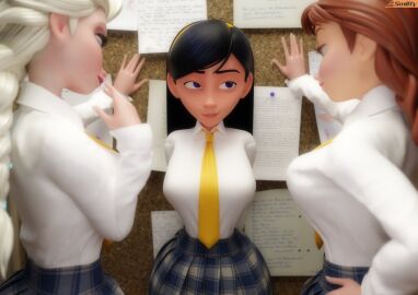 3d 3d_animation 3d_render 3girls aged_up anna_(frozen) auburn_hair breasts busty busty_female clothing cornered crossover crossover_pairing dark_hair disney_princess elsa_(frozen) female freckles frozen_(film) height_difference high_school_student imminent_sex implied_threesome long-haired_female lustful_gaze multiple_females multiple_girls nerdy_female nervous_smile pinned_to_wall school_uniform schoolgirl shy_smile sisters skirt small_breasts small_nose smitty34 the_incredibles violet_parr white_hair yuri