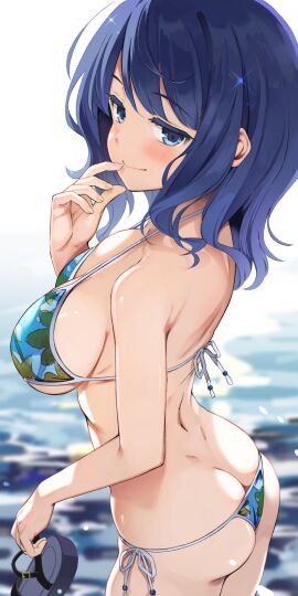 1girls absurdres ass ass_cleavage ass_crack bare_arms bare_back bare_shoulders big_ass big_breasts bikini blue_bikini blue_eyes blue_hair blurry blurry_background blush breasts bubble_butt busty butt_crack closed_mouth female finger_to_mouth floral_print highres holding holding_sandals large_breasts light_smile long_hair looking_at_viewer make_heroine_ga_oo_sugiru! osa_(osaosa) pose posing sandals seductive seductive_look seductive_smile sensual sexy sexy_pose side-tie_bikini_bottom sideboob solo swimsuit yanami_anna