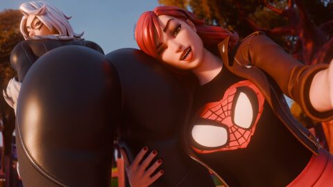 2024 2girls 3d ass ass_selfie assisted_presentation big_ass black_cat_(fortnite) black_cat_(marvel) blue_sky bodysuit detailed_background drakepowers felicia_hardy female female_face_near_ass fortnite fortnite_(marvel_comics) hand_on_thigh head_on_ass huge_ass large_ass latex looking_at_viewer looking_back marvel marvel_comics mary_jane_watson mary_jane_watson_(fortnite) outdoors outside red_hair selfie skin_tight spider-man_(series) white_hair wink winking_at_viewer yuri