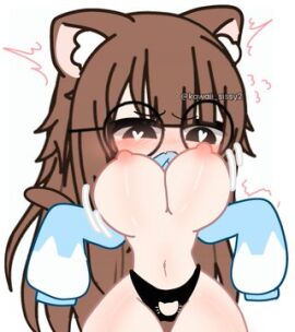 big_breasts breasts breasts_upward brown_hair curvy female gacha glasses heart_shaped_pupils meow_shady2 neko oc oversized_sleeves thick_thighs