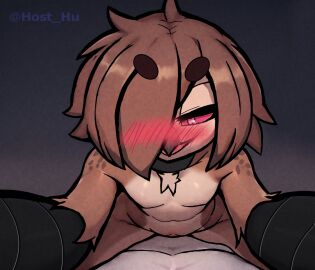 anthro avian beak bird blush brown_body brown_hair chest_tuft cowgirl_position demon duo eri_(host_hu) female first_person_view flat_chested from_front_position genitals hair hair_over_eye hi_res host_hu male male/female male_pov narrowed_eyes on_bottom on_top owl owl_demon pussy sex tuft