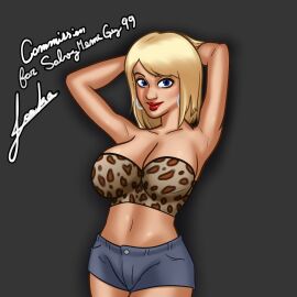 1girls 2d 2d_(artwork) arms_behind_head blonde_hair blue_eyes booty_shorts breasts cleavage clothing digital_drawing_(artwork) digital_media_(artwork) earrings female female_focus female_only huniecam_studio huniepop huniepop_2 jean_shorts jessie_maye joakadraws light-skinned_female light_skin medium_breasts pose posing shorts simple_background smile smiling solo solo_focus