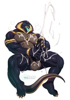 5_fingers abs anthro balls big_balls big_penis biped bodily_fluids claws cum cumshot ejaculation erection excessive_cum excessive_genital_fluids fangs fingers genital_fluids genitals glans hi_res humanoid_genitalia humanoid_penis male male_only masturbation muscular muscular_anthro muscular_male pecs penile penile_masturbation penis plna reptile scalie simple_background snake solo tail teeth tongue tongue_out white_background zel_(sibunakebos)