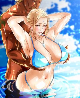 beach big_boobs bikini black_male blonde_female dark-skinned_male dark_skin gilf grope groping interracial large_breasts milf naruto naruto_(series) raikage saburo_des swimsuit tsunade