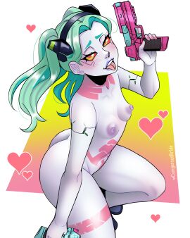 1girls ass body_markings breasts casual cd_projekt_red cybernetics cyberpunk:_edgerunners cyberpunk_2077 dangerousbride female female_only firearm footwear green_eyes green_hair gun handgun human lingerie long_hair looking_at_viewer naked_footwear nipples no_source pale_skin purple_lipstick rebecca_(edgerunners) red_sclera small_breasts small_eyebrows smiling smiling_at_viewer solo sparkles thick_thighs twintails very_high_resolution weapon white_body