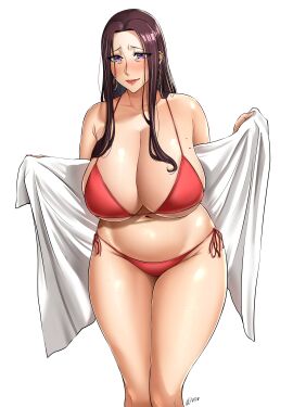 1girls absurd_res beer_(n0n_001) bikini breasts cleavage curvy earrings female female_only huge_breasts long_hair mature mature_female mature_woman milf n0n_001 navel original purple_eyes red_bikini red_swimwear solo solo_female swimwear thick_thighs voluptuous voluptuous_female white_background wide_hips