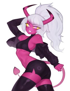 1girls big_breasts breasts choker cleavage demon demon_girl demon_horns demon_tail female female_only helluva_boss lipstick looking_at_viewer pink_body pink_skin small_breasts solo solo_female solo_focus succubus sunglasses sunglasses_on_head tail thick_thighs thighhighs thighs verosika_mayday_(helluva_boss) white_hair