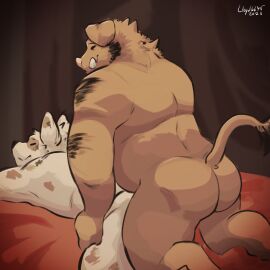 2024 anal anthro arm_hair ass back_muscles bara bed bed_sheet bedding bedroom biceps big_ass big_butt body_hair canid canine canis closed_eyes domestic_dog duo feet furniture grabbing_hips hairy heard hi_res inside kneeling lloyd6675 lying male male/male mammal masculine_male mature_male musclegut muscles muscular nude on_bed on_front overweight sex shoulder_hair slightly_chubby smile suid suina sus_(pig) wild_boar yaoi