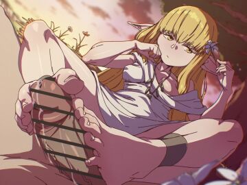 1boy 1girls :/ animated bar_censor barefoot blonde_hair caressing_with_foot censored cloud commentary continue_after_cum cum dusk dutch_angle ejaculation elf erection feet female flexible_toes flower foot_fetish foot_focus foot_on_frenulum footjob frenulum_stimulation frieren_beyond_journey's_end funen_gomi funen_gomi_m glans glans_stimulation glansjob gold_anklet highres holding holding_flower holding_penis holding_with_feet jewelry long_hair long_pointy_ears longer_than_30_seconds looking_to_the_side male outdoors penis pointy_ears pov pov_crotch robe serie_(sousou_no_frieren) sitting soles sound sousou_no_frieren straight tagme tip_stimulation toejob toes toes_on_penis tree veins veiny_penis video white_robe yellow_eyes