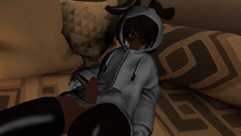 bunny_ears cock dark-skinned_male dark_skin dick effectively_nude erect_penis femboy functionally_nude glasses in_bed latex_thighhighs laying_down laying_on_back laying_on_bed male penis purple_eyes self_upload solo solo_focus solo_male vrcfemboy vrchat vrchat_avatar white_hoodie white_sweater wink winking