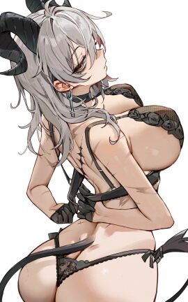 absurdres adjusting_bra adjusting_clothes arched_back arms_behind_back ass ass_cleavage ass_crack bare_shoulders black_bra black_horns black_panties bra breasts butt_crack curled_horns earrings female from_behind fungi542 gloves grey_hair half_gloves highres horns jewelry key_earrings lace lace-trimmed_bra lace-trimmed_panties lace_trim large_breasts long_hair looking_at_viewer panties scar scar_on_arm scar_on_back simple_background solo tacet_mark_(wuthering_waves) tail underwear white_background wuthering_waves zani_(wuthering_waves)