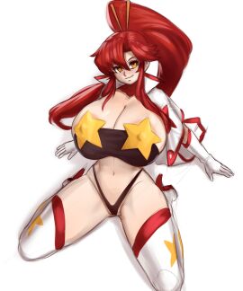 1girls areola_slip bikini bikini_bottom breasts female female_only hair_ornament hi_res huge_breasts kneeling plantpenetrator ponytail red_hair skull_hair_ornament space_yoko tengen_toppa_gurren_lagann thick_thighs thong white_background yellow_eyes yoko_littner