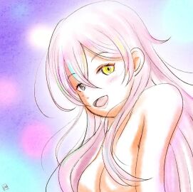 bagmozzarella breasts censored convenient_censoring covered_nipples d4dj female hair_over_breasts heterochromia ichihoshi_lumina nude robot_girl watermark