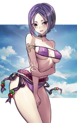 1girls 2024 armband bare_shoulders bikini bikini_bottom bikini_top black_choker black_eyes blush breasts choker embarrassed embarrassed_female eyepatch_bikini fate/grand_order fate/samurai_remnant fate_(series) female female_only holding_arm holding_own_arm light-skinned_female light_skin midriff minamoto_no_raikou_(fate/grand_order)_(cosplay) minamoto_no_raikou_(swimsuit_lancer)_(fate)_(cosplay) neckwear purple_bikini purple_bikini_bottom purple_bikini_top purple_eyepatch_bikini purple_hair short_hair small_breasts solo ushi_gozen_(fate)