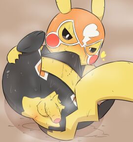 anthro anus balls blush bodily_fluids clothing cosplay_pikachu cosplay_pikachu_(costume) erection foreskin fur garakuta033 generation_1_pokemon genitals heart_symbol hi_res male mask musk nintendo penis pikachu pikachu_libre pokemon pokemon_(species) rule_63 shortstack solo solo_male sports_mask sportswear sweat torn_clothing uncircumcised wrestling_mask wrestling_outfit yellow_body yellow_fur