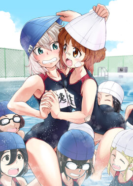 6+girls aged_down bandage_on_face bandages bandaid bandaid_on_arm bandaid_on_face bandaid_on_nose black_hair black_one-piece_swimsuit blonde_hair blue_eyes blue_sky blurry blurry_background blush brown_eyes brown_hair carrying catfight closed_eyes clothes_pull cloud cloudy_sky commentary_request day depth_of_field female fighting frown girls_und_panzer goggles grimace highres holding_hands interlocked_fingers itsumi_erika kibasen leaning_forward looking_at_another medium_hair missing_tooth multiple_females multiple_girls name_tag nishizumi_miho one-piece_swimsuit open_mouth outdoors partially_submerged pool school_swimsuit shoulder_carry silver_hair sky splashing sutahiro_(donta) swim_cap swimsuit textless_version wrestling