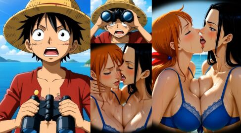 2girls ai_generated big_breasts black_hair french_kissing huge_breasts kissing lace_bra mature_female monkey_d_luffy nami_(one_piece) nico_robin one_piece orange_hair straw_hat tongue yuri