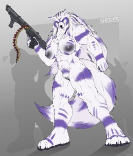5_fingers anthro areola biped breasts canid canine canis corrsk female fingers fur genitals gun hi_res holding_gun holding_object holding_ranged_weapon holding_weapon mammal muscular muscular_anthro muscular_female nipples pussy ranged_weapon sheres solo tail vulva weapon wolf