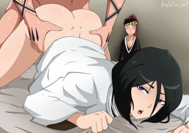 1boy 1girls backshots black_hair bleach bleach_brave_souls caught cheating cheating_wife doggy_style female hand_tattoo ichigo_kurosaki kuchiki_rukia male post-timeskip rayyatsu_(artist) renji_abarai tagme watching
