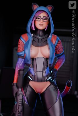 3d 3d_(artwork) cat_ears female fortnite fortnite:_battle_royale glasses green_eyes holding_weapon lynx_(fortnite) pink_hair pussy pussy_hair standing tail warsitoarts