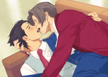 ace_attorney couch gay gyakuten_saiban kissing making_out male miles_edgeworth mitsurugi_reiji naruhodou_ryuuichi no_visible_genitalia