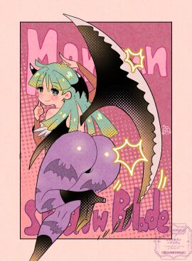 1girls ass ass_focus bat_wings big_ass capcom darkstalkers demon female green_eyes green_hair light-skinned_female light_skin looking_at_viewer morrigan_aensland succubus thick thick_ass thick_thighs tights yumecan2