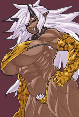 1girls abs armpit_hair bikini breasts bushy_eyebrows bushy_pubes collar elbow_gloves female hand_on_hip highres horns large_breasts leopard_print long_hair looking_at_viewer metal_collar muscular muscular_female muscular_thighs oni original pubic_hair red_eyes sharp_teeth smile solo timaturixp underboob white_hair