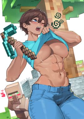 1boy 1girls abs athletic athletic_female big_breasts breasts clothed clothed_female dark-skinned_female dark_skin female_steve genderbend genderswap_(mtf) large_boobs large_breasts minecraft muscular muscular_female rule_63 short_hair short_hair_female sintrybest steve_(minecraft) tomboy toned toned_female villager_(minecraft)
