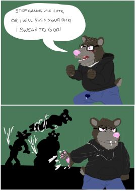 2024 anthro bear blush bodily_fluids bottomwear clothing comic cum ejaculation english_text eyewear genital_fluids geuremon glasses group hi_res hoodie male male/male mammal overweight overweight_male pants pink_nose precum solo_focus text topwear