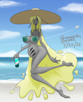 1girls 2025 alien alien_girl antennae_(anatomy) areolar_amelanism artist_name beach big_ass big_belly black_eyes blonde_hair bluesky_link blush blush_lines breasts clouds commission contrail dark_sclera dated drink_can female floating functionally_nude functionally_nude_female furaffinity_link glands_of_montgomery goo_creature green_areolae green_nipples grey_body holding_drink holding_object holes_in_body jagged_mouth lanky large_areolae large_breasts long_hair long_nipples meep_(malken) newgrounds_link nipple_barbell nipple_piercing no_irises no_nose no_pupils ocean piercing retrousse_breasts sand shewantsthejoystick sky smile smiling_at_viewer solo summer summer_hat thin_arms thin_legs ufo watermark waves